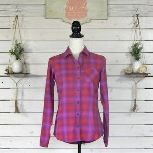 Eddie Bauer Womens XS Long Sleeve Button Down Collared Dress Shirt Purple Plaid